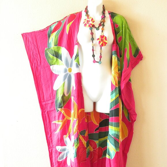 CD560 Floral Batik Women Hand Painted Cover Up Maxi Cruise Cardigan fit upto 5X - Picture 1 of 3